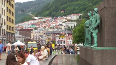 Bergen, Norway - Jun 23, 2023: Sailors Monument on Torgallmenningen - the main square in the centre of Bergen city in Norway