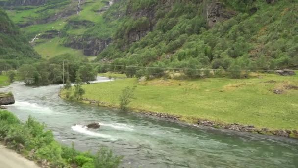 Flam Railway Vackraste Tågresorna Världen Och Ledande Turistattraktionerna Norge Körskylt — Stockvideo