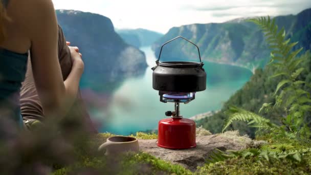 Cozinhar Fazer Café Chá Queimador Gás Acampamento Portátil Com Cilindro — Vídeo de Stock