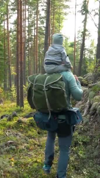 Vater Mit Kleinem Kind Wandert Sommer Draußen Der Natur Ein — Stockvideo
