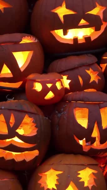 Veel Halloween Lantaarn Pompoenen Hoofden Eng Griezelige Gezichten Het Donker — Stockvideo