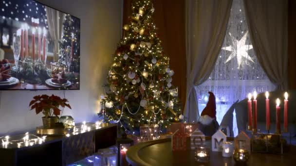Decoraciones Del Árbol Navidad Sala Estar Por Noche Interior Navidad — Vídeo de stock