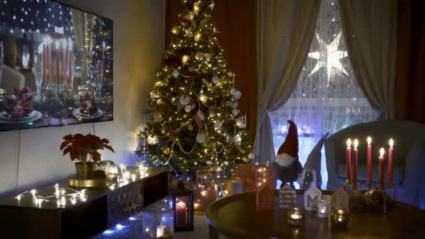 Decoraciones Del Árbol Navidad Sala Estar Por Noche Interior Navidad — Vídeo de stock