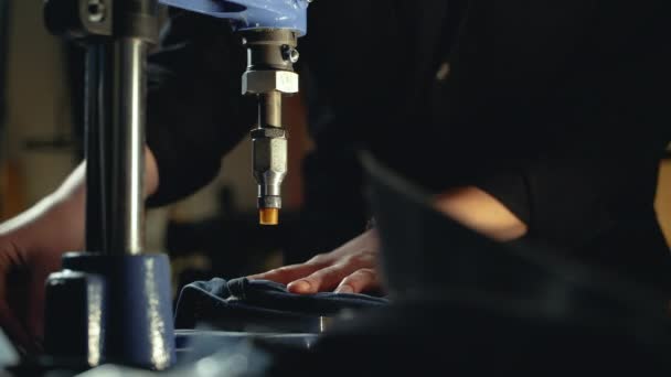 Tailor Seamstress Inserts Metal Rivets Jeans Special Machine Workshop Repairing — Stock Video