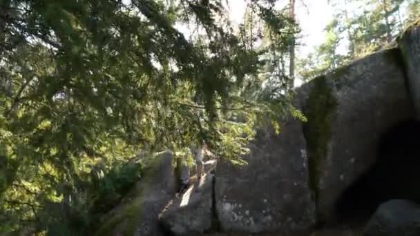 Ein Gestandener Männlicher Abenteurer Mit Wanderausrüstung Erkundet Allein Eine Waldhöhle — Stockvideo
