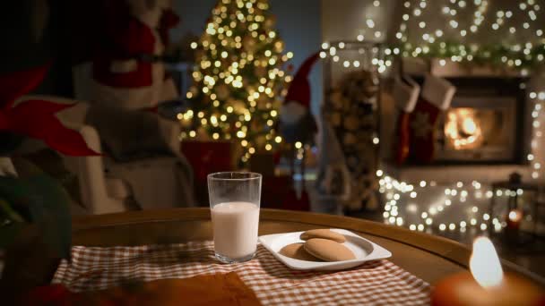 Babbo Natale Porta Regali Mangia Biscotti Allo Zenzero Beve Latte — Video Stock