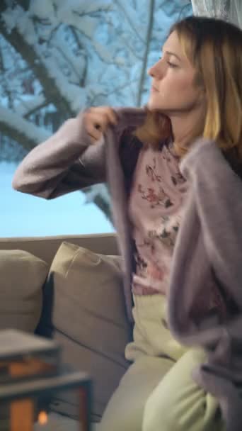 Young Woman Trying Keep Warm Frosty Winter Wrapping Herself Woolen — Stock Video