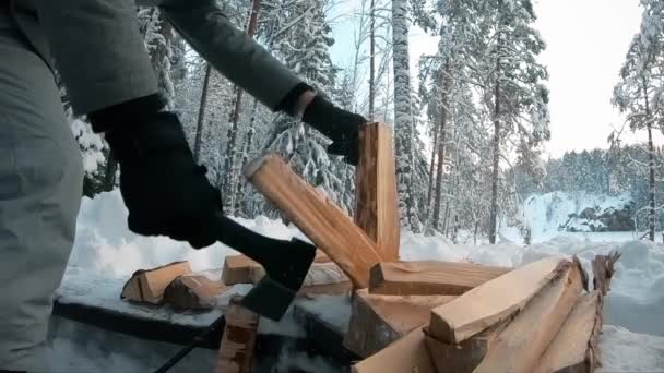 Tourist Chopping Wood Campfire Axe Nature Hiking Trip Finland Adventure — Stock Video
