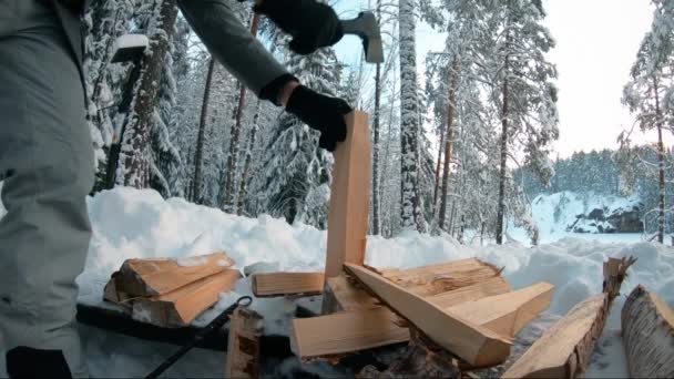 フィンランドのハイキング旅行中に自然の中で斧でキャンプファイヤーのために木を切る観光客 アドベンチャー観光 キャンプ用品 — ストック動画