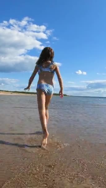 快乐的小女孩在美丽的北方海滩边沿着水边奔跑 智能手机屏幕 目标社交媒体平台和移动设备上的网络浏览器的垂直视频 — 图库视频影像