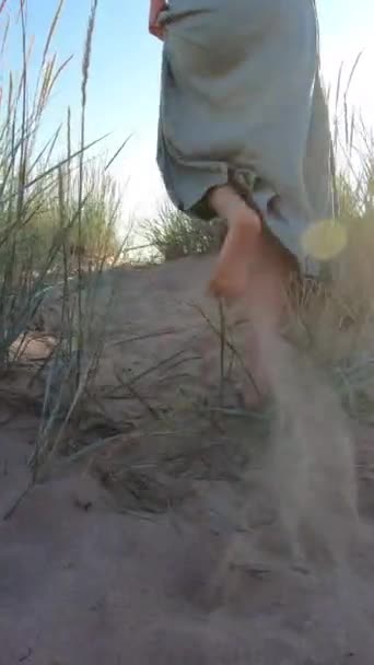Közelkép Egy Fiatal Karcsú Lábairól Amint Parton Sétál Homokdűnék Között — Stock videók