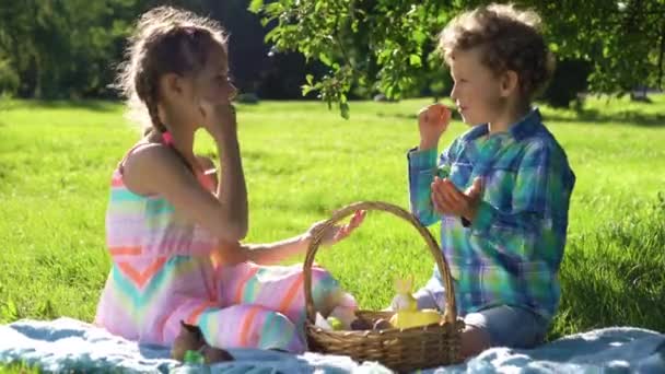 소년과 재미와 뒤뜰에서 부활절 초콜릿 달걀을 — 비디오