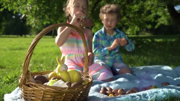 Duas Crianças Menino Menina Divertindo Comendo Ovos Chocolate Após Caça — Vídeo de Stock