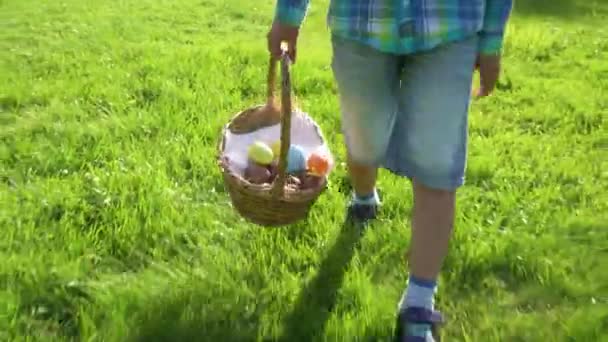 Dwoje Dzieci Chłopiec Dziewczyna Wielkanoc Jaj Polowanie Ogrodzie Podwórku — Wideo stockowe