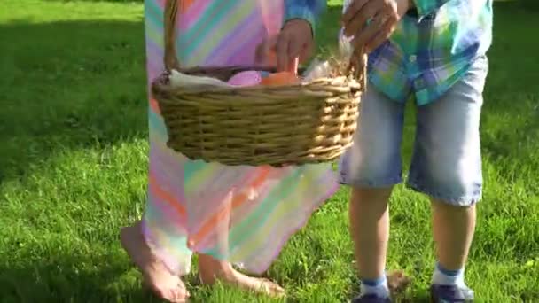 庭の裏庭にイースターエッグハントを持っている2人の子供と少女 — ストック動画
