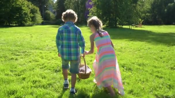 Due Bambini Ragazzo Ragazza Che Hanno Caccia Alle Uova Pasqua — Video Stock