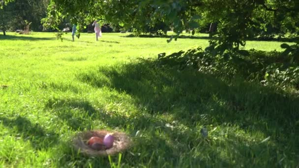 Dwoje Dzieci Chłopiec Dziewczyna Wielkanoc Jaj Polowanie Ogrodzie Podwórku — Wideo stockowe