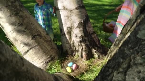 Dos Niños Niño Niña Teniendo Caza Del Huevo Pascua Jardín — Vídeo de stock