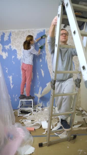 Young Woman Carefully Removes Old Wallpaper Walls Preparing Flat Renovation — Stock Video