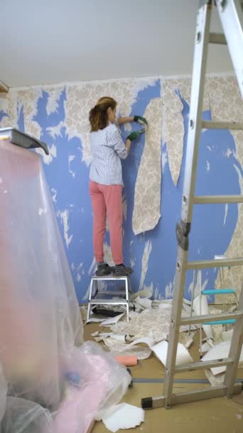 若い女性は壁から古い壁紙を慎重に取り除き 平らな改装の準備をする インテリアデザインと家のリフォームは スペースを新しいものに変えます — ストック動画