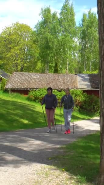 越野行走适合所有年龄段的户外活动 两个活跃的妇女在公园里锻炼 跟踪拍摄 — 图库视频影像