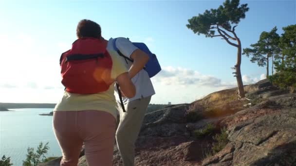 Couple Actif Âgé Grimpant Sur Rocher Admirant Lever Soleil Coucher — Video
