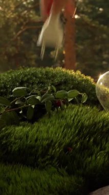 İnsan eli, fişi yeşil yosunlara takar ve enerji tasarrufu sağlayan ampul, bakir kuzey ormanının yeşilliği arasında parlar ve doğadan enerji çeker..