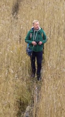 Bir orta yaşlı adam bir sırt çantası ile reed yataklar ile bir su yolu boyunca bir gölde, kuşlar dürbün ile sonbaharda Finlandiya'da izlerken girer