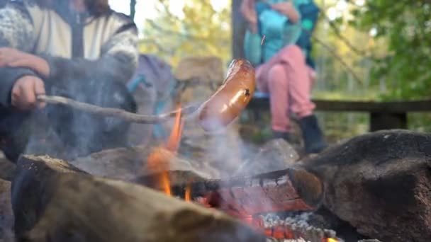 Młode Kobiety Smażą Kiełbaski Otwartym Ogniu Lesie — Wideo stockowe