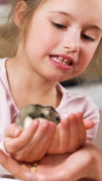 一个小女孩和她的妈妈正在玩一只小仓鼠 照顾宠物 — 图库视频影像
