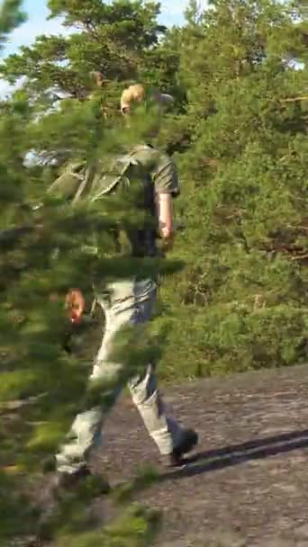 Homem Maduro Com Equipamento Caminhadas Andando Floresta Montanha Finlândia Videoclipe