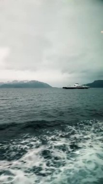 Vestnes ve Molde arasında bir feribot yolculuğu. Atlantik Okyanusu, Norveç 'in batı kıyısı. Dikey video