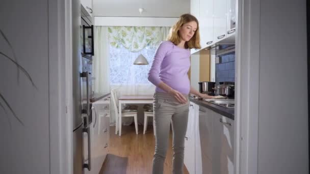 Mujer Joven Embarazada Sacando Platos Limpios Una Máquina Lavavajillas Una — Vídeos de Stock