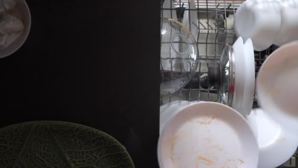 Young Woman Loading Dirty Dishes Dishwasher Machine Housewife Uses Modern Vidéo De Stock Libre De Droits