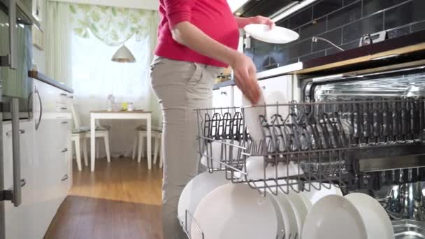 Беременная Молодая Женщина Вынимает Чистые Тарелки Посудомоечной Машины Ярко Солнечной Стоковое Видео