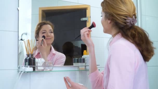 Daily Makeup Mirror Image Attractive Adult Young Woman Applying Blush Royalty Free Stock Footage