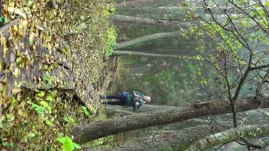 Bir ekolojik doğal eğitim izi Kuzey Sonbahar Ormanı boyunca bir sırt çantası ile orta yaşlı bir adam girer. Dürbün Finlandiya'da bir doğa parkı ile vahşi yaşam izlerken.