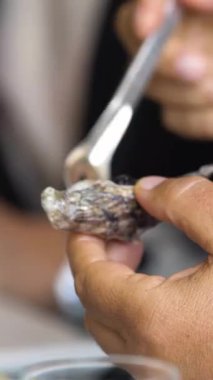 Gurme restoranda taze istiridye yemek. Yakın çekim.