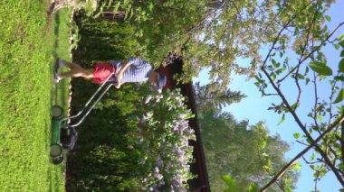 Orta yaşlı bir adam bahçesinde çim biçme makinesiyle fazla büyümüş yeşil çimenleri buduyor. Şortlu erkek bahçıvan bahçe düzenlerken çim biçme makinesi kullanıyor. Mevsimlik iş kavramı.