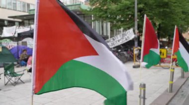 HELSINKI, FINLAND - Haziran 06, 2024: Üniversite kampüsünde Filistin yanlısı bir protesto eylemi. Filistin grubu öğrencileri Helsinki Üniversitesi 'nden İsrail üniversiteleriyle ilişkileri kesmesini talep ediyor