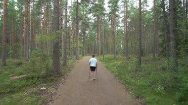 Aktif kadın Finlandiya 'da ulusal bir parkta yürüyüş yapıyor, parkta spor yapıyor, egzersiz yaparak formda kalıyor.