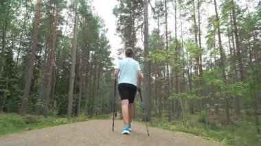 Aktif kadın Finlandiya 'da ulusal bir parkta yürüyüş yapıyor, parkta spor yapıyor, egzersiz yaparak formda kalıyor.