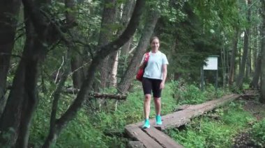 Sırt çantalı genç bir bayan gezgin Finlandiya 'daki ulusal parkta ahşap bir çevre yolunda yürüyor. Doğa yürüyüşü, dinlenme ve spor. Güzel kuzey ormanlarında macera