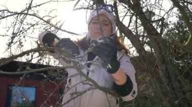 Beyaz bir kadın baharın başlarında bir bahçede budama makası ile ağaç dallarını buduyor. Sahnede çıplak ağaçlar, doğal ışık ve bahçenin kırsal bir arka planı, mevsimlik bahçe faaliyetleri yer alıyor.