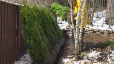 Orta yaşlı bir adam baharın başında Finlandiya 'da bir bahçeye çit dikiyor. Kış ve ilkbahar elementlerinin karışımı, kar ve tomurcuklanan ağaçlar. Bahçıvanlık, mevsimsel geçiş ve açık hava işleri.