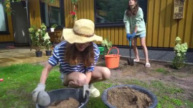 Bir anne ve kız baharda bahçelerine ortanca dikip yaz mevsimine hazırlanıyorlar..