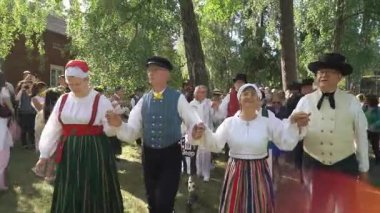 Helsinki, Finlandiya - 21 Haziran 2024: Seurasaari Adası 'ndaki tarihi ahşap binaların açık hava müzesi kutlamaları sırasında bir çok insan meyhane direğinin etrafında dans ediyor.