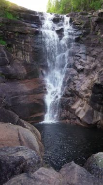 Yeşillik yeşil Norveç ormanındaki doğal şelale manzarası. Akan su, kayalık akarsu ve barışçıl çevre eko turizmi, rahatlamayı ve doğadan esinlenilmiş seyahat yaşam tarzını teşvik ediyor..