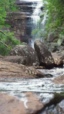 Yeşillik yeşil Norveç ormanındaki doğal şelale manzarası. Akan su, kayalık akarsu ve barışçıl çevre eko turizmi, rahatlamayı ve doğadan esinlenilmiş seyahat yaşam tarzını teşvik ediyor..
