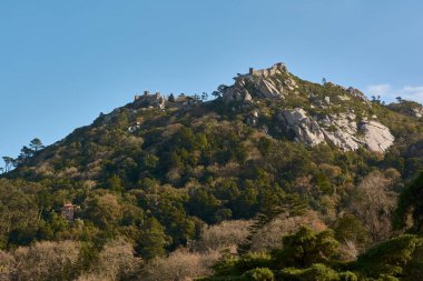 Portekiz 'in Sintra kentindeki tepelik bir ortaçağ kalesi olan Castelo dos Mouros' un çarpıcı manzarası.